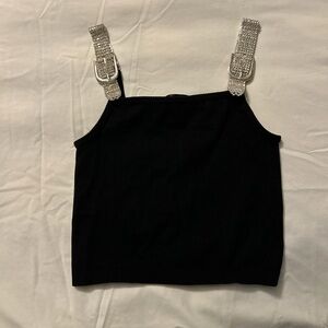 Chic Black Tank Top with Silver Diamond Straps